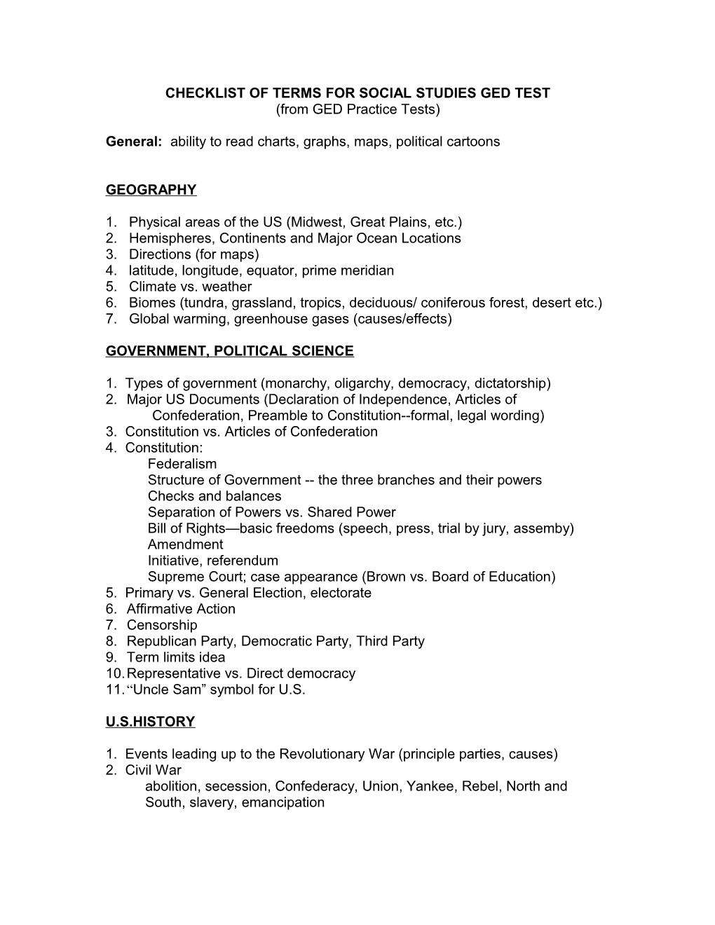 Checklist Of Terms For Social Studies Ged Test