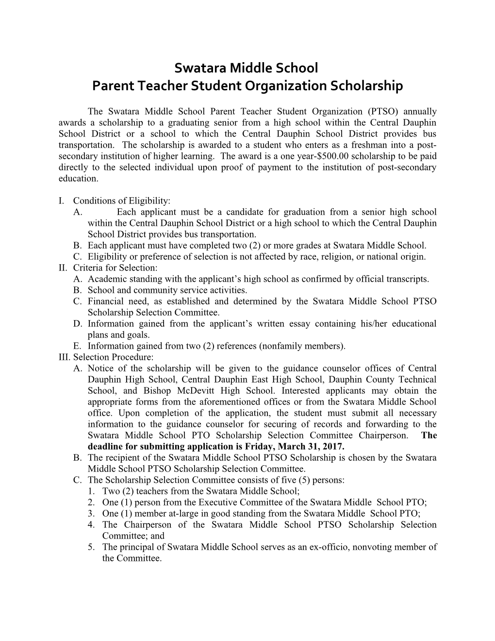 Lawnton Elementary School Parent Teacher Association Scholarship