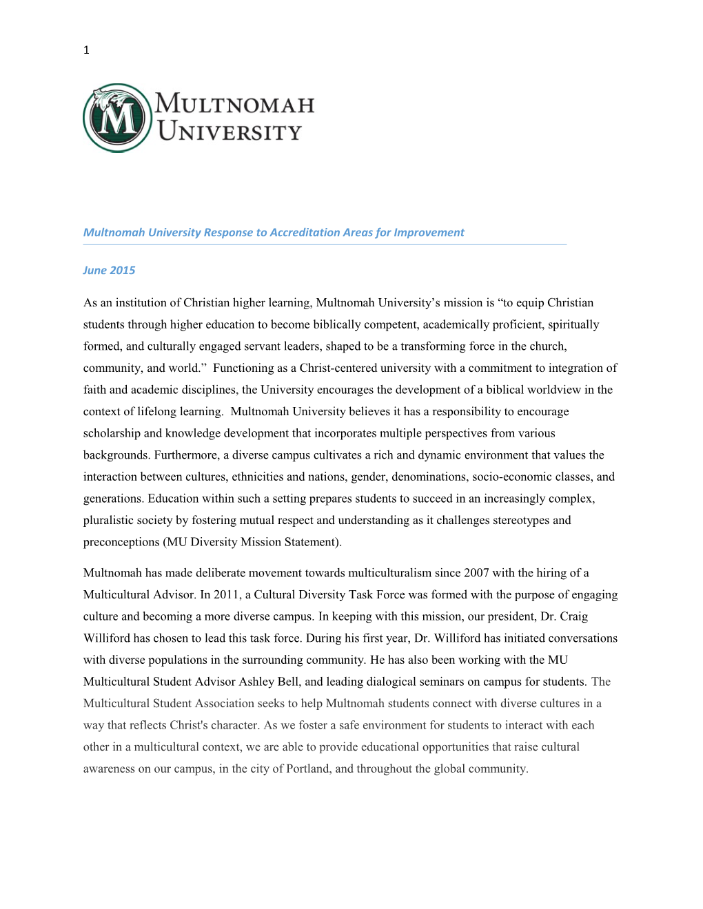 Multnomah University Response to Accreditation Areas for Improvement