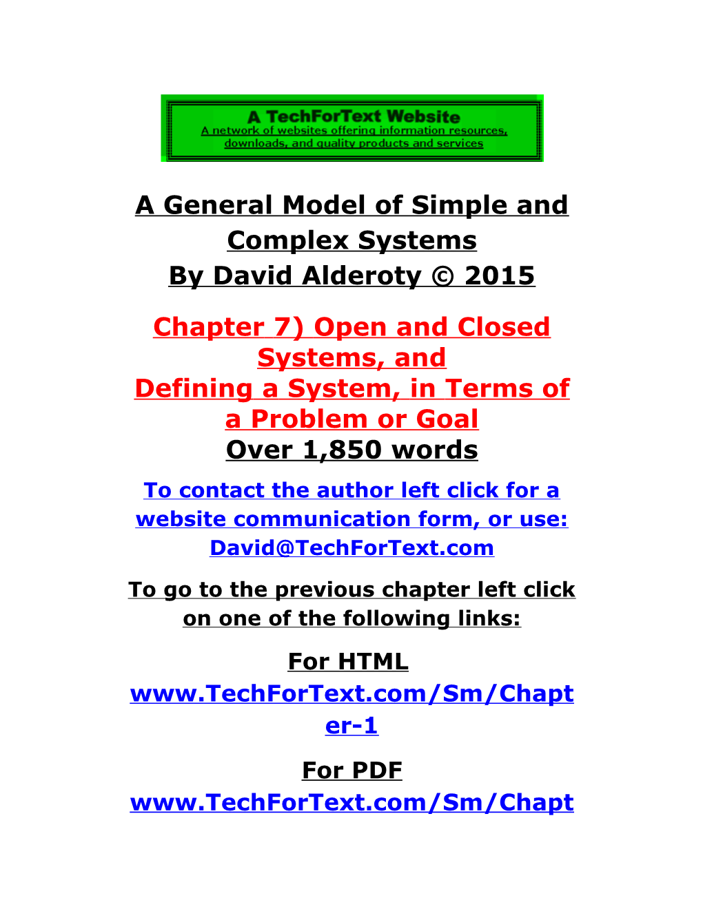 Chapter 7) Open and Closed Systems, and Defining a System, in Terms of a Problem Or Goal