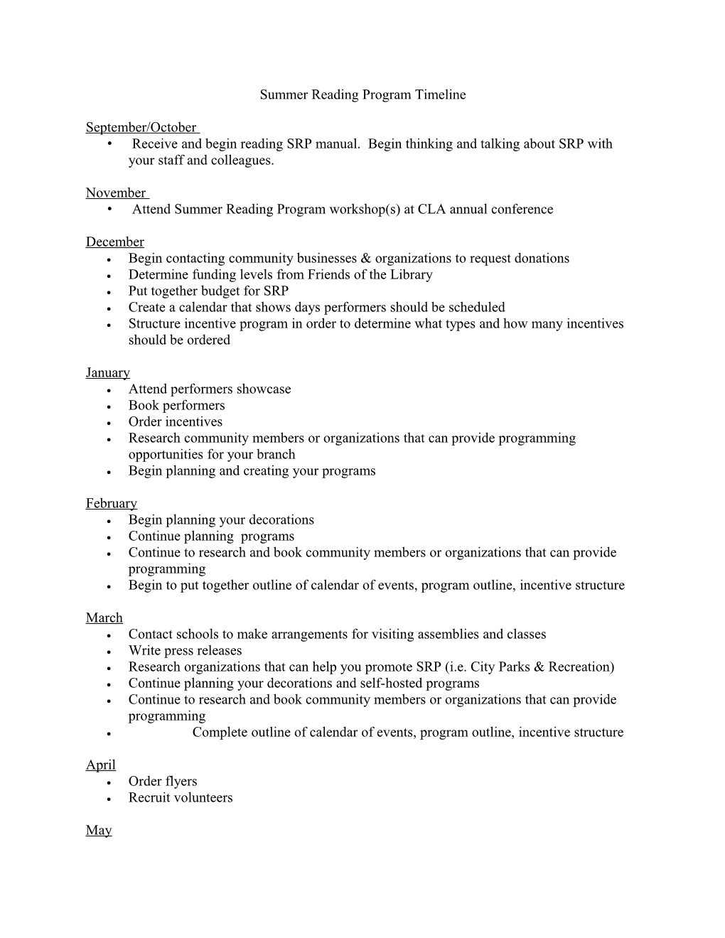 Summer Reading Program Timeline