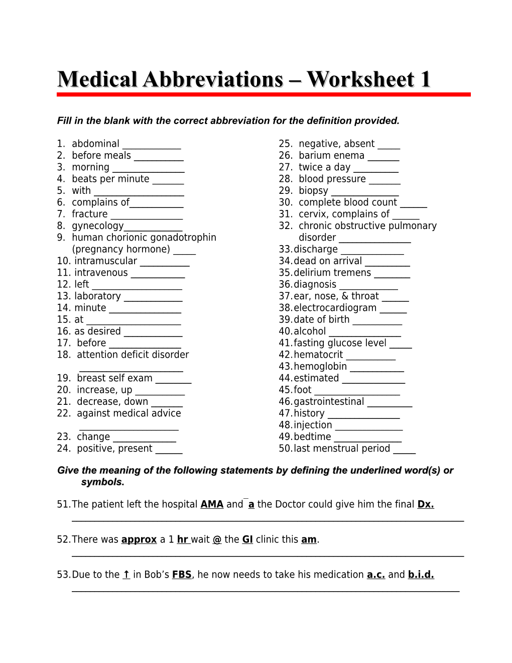 Medical Abbreviations – Worksheet 1