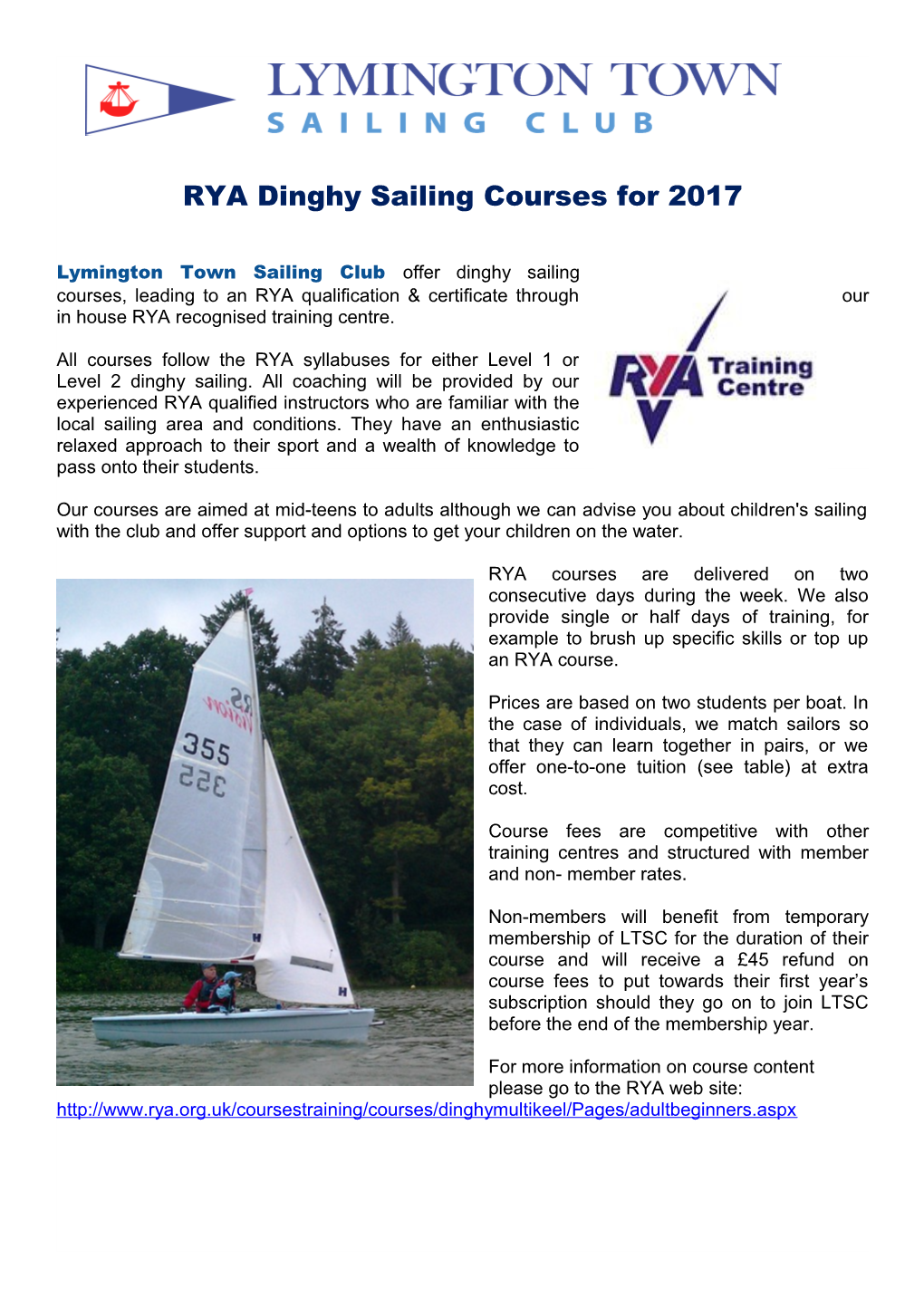RYA Dinghy Sailing Courses for 2017