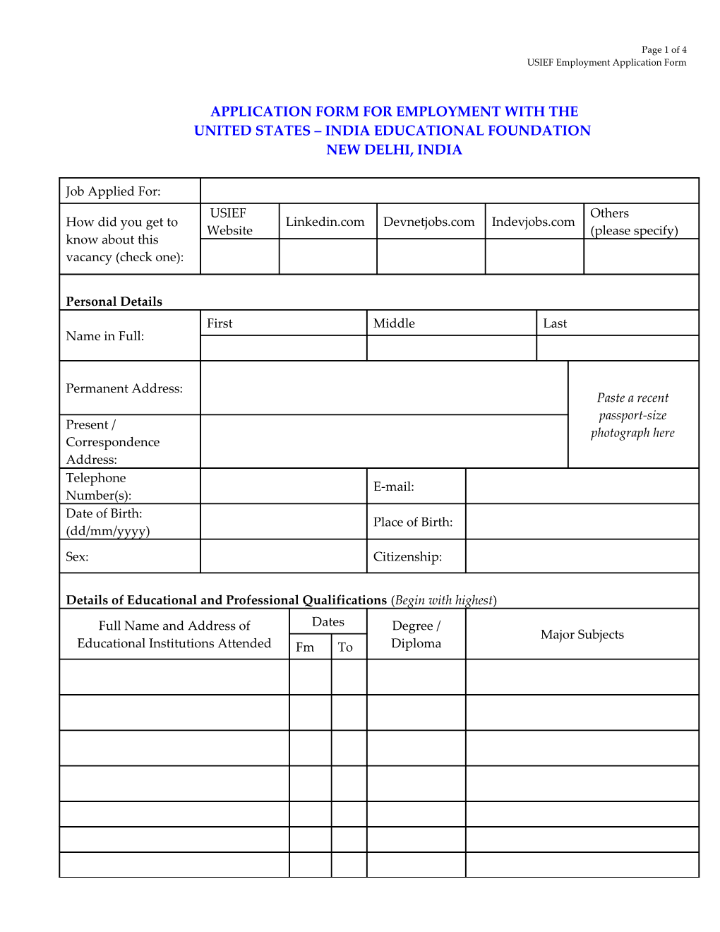 USEFI Employment Form