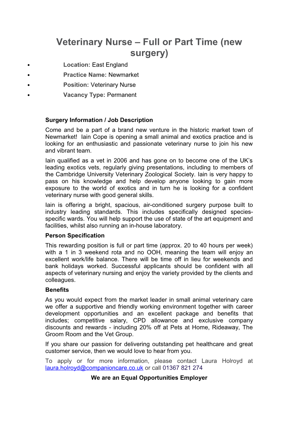 Veterinary Nurse Full Or Part Time (New Surgery)
