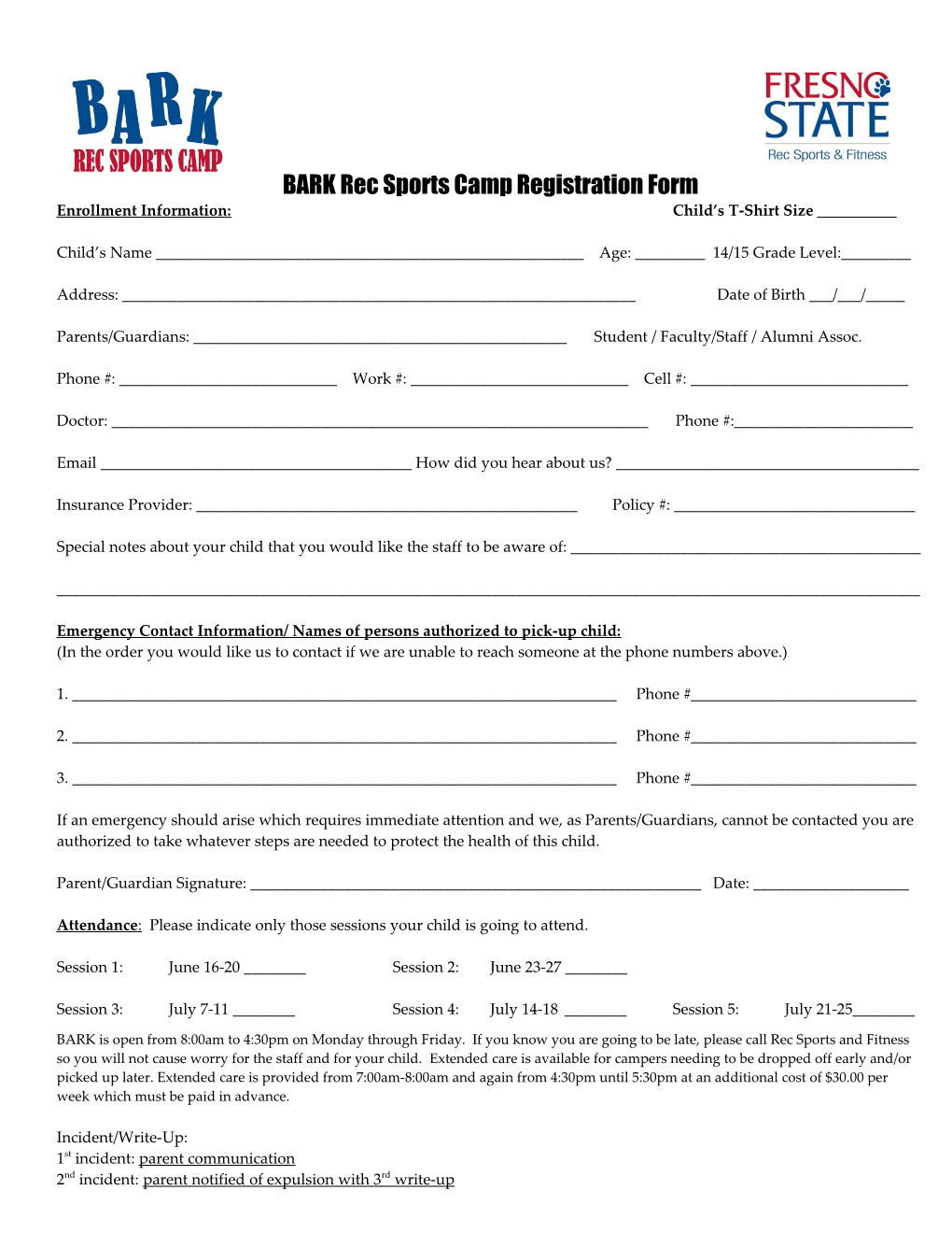BARK Rec Sports Camp Registration Form