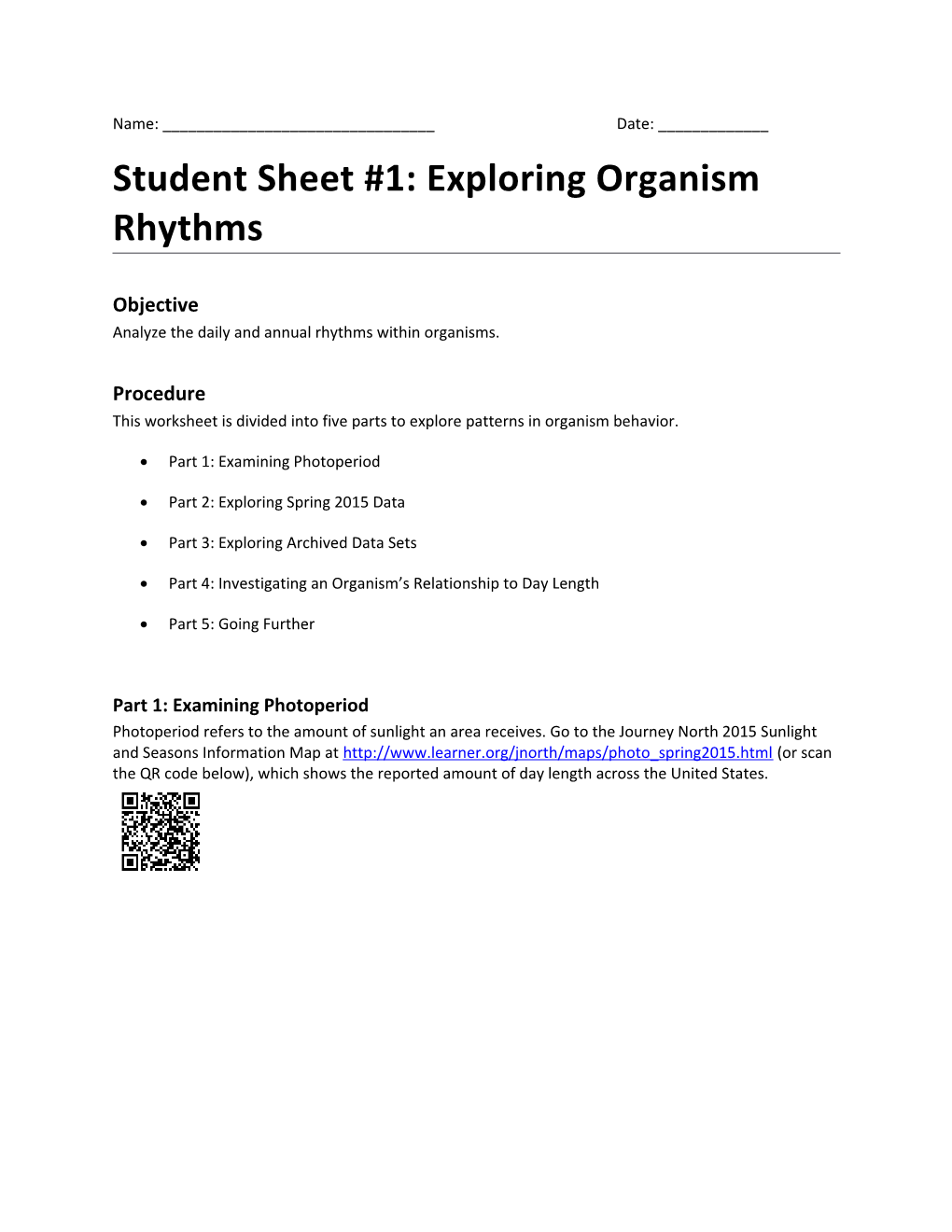 Student Sheet #1: Exploring Organism Rhythms