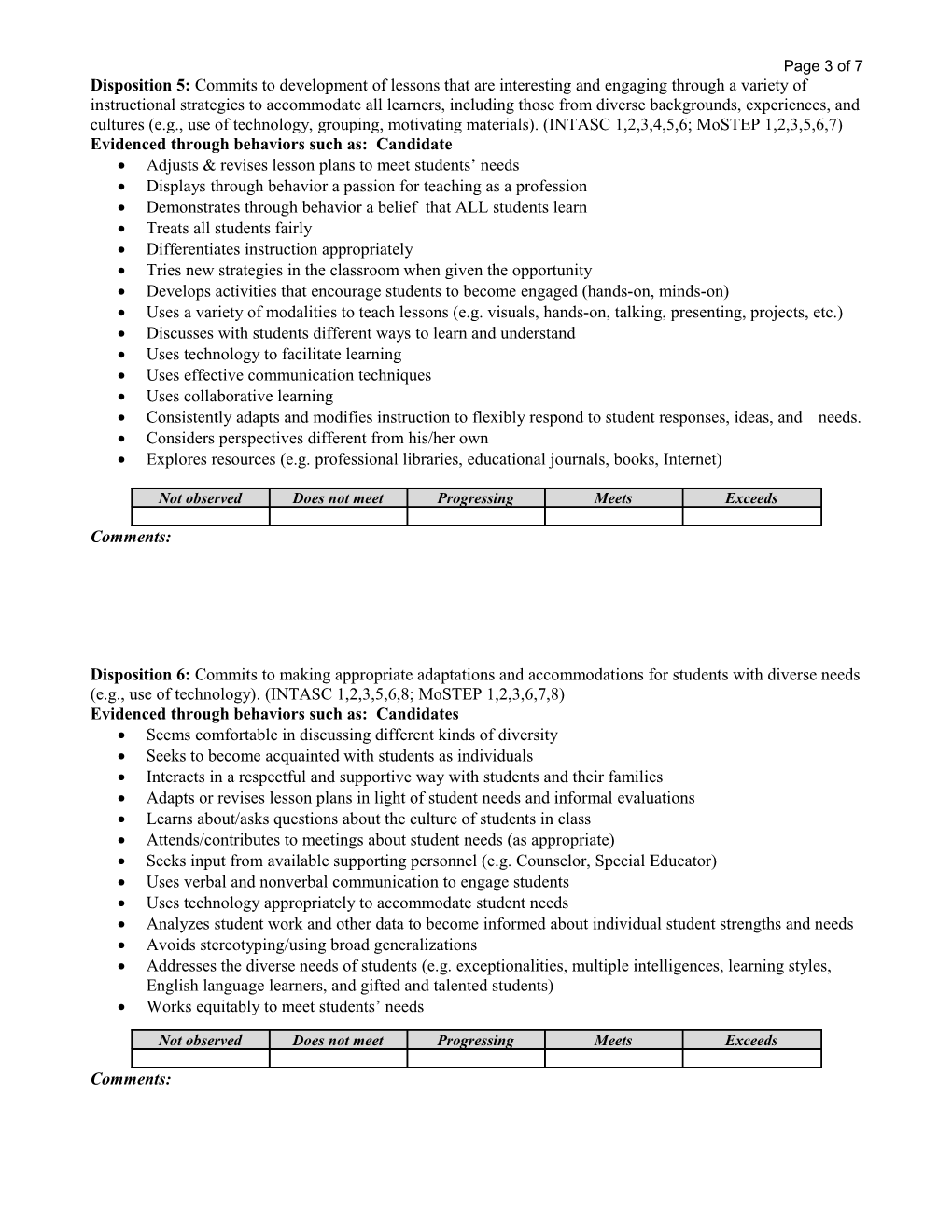 Teacher Candidate Dispositions Assessment Form