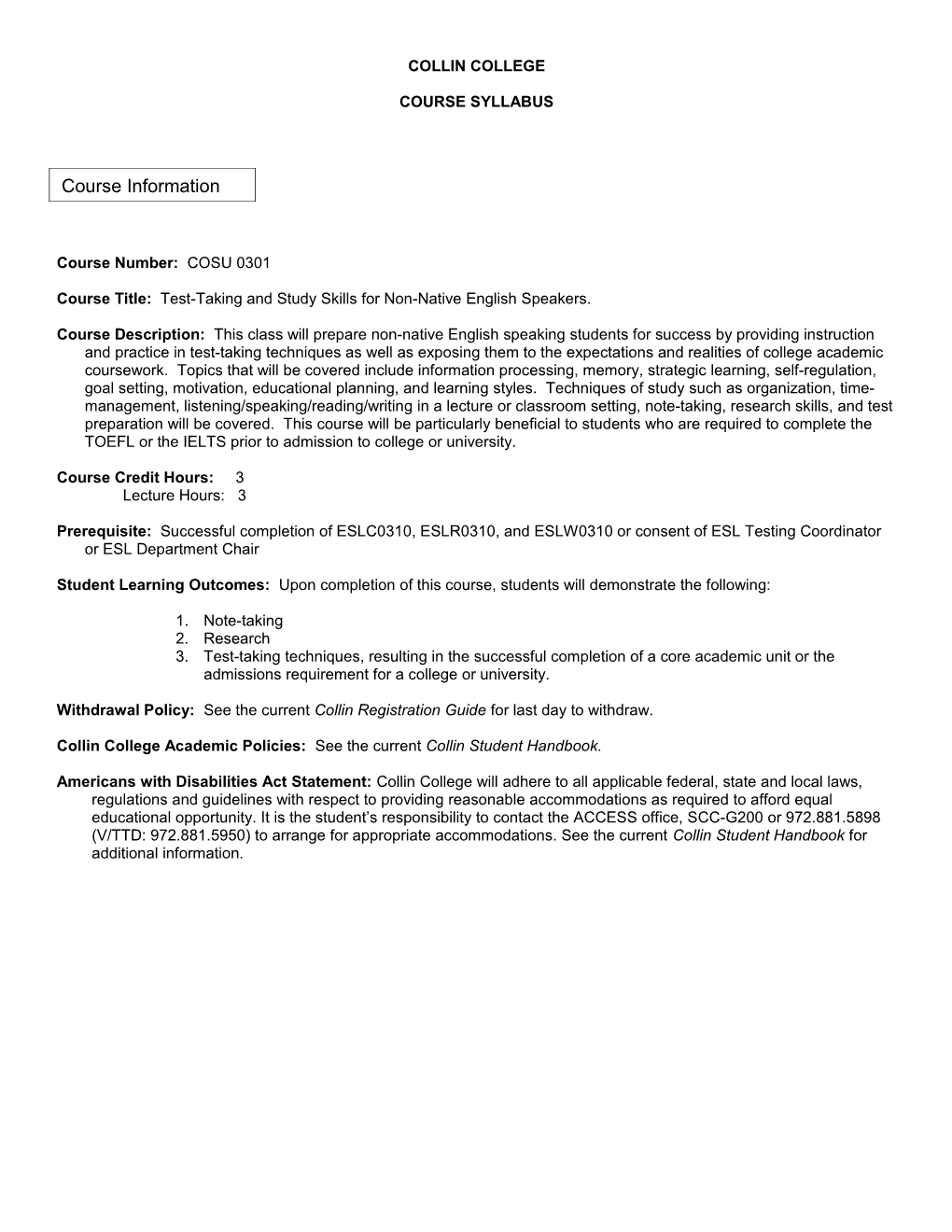 Collin College Syllabus Template