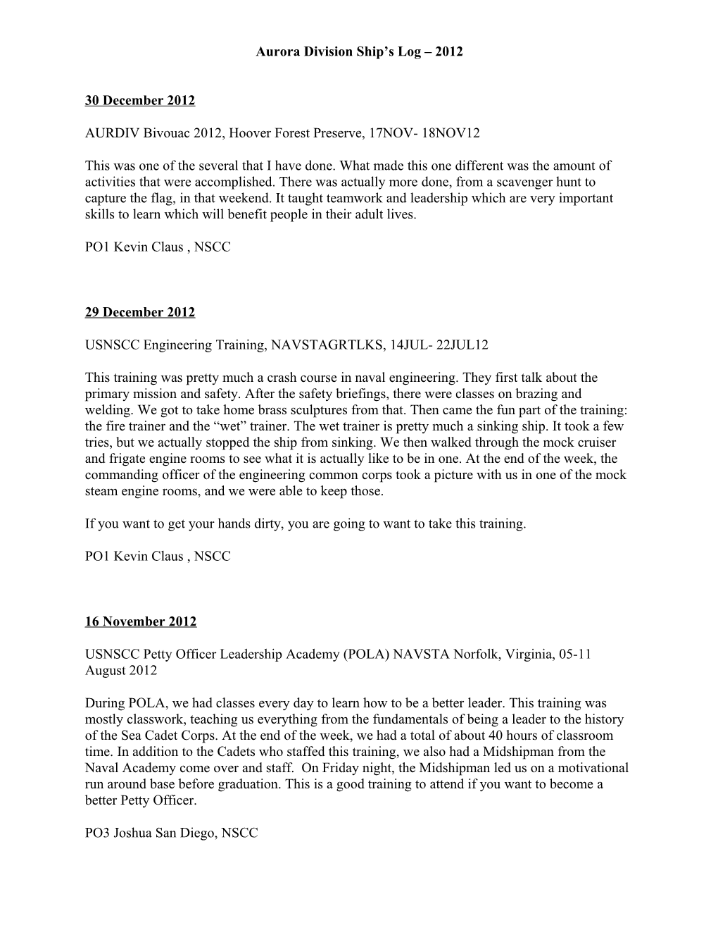 Aurora Division Ship S Log 2012