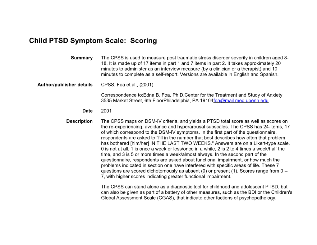 Child PTSD Symptom Scale: Scoring