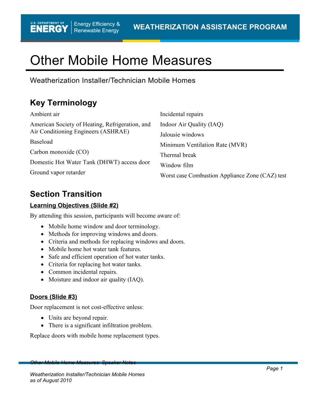 Other Mobile Home Measures