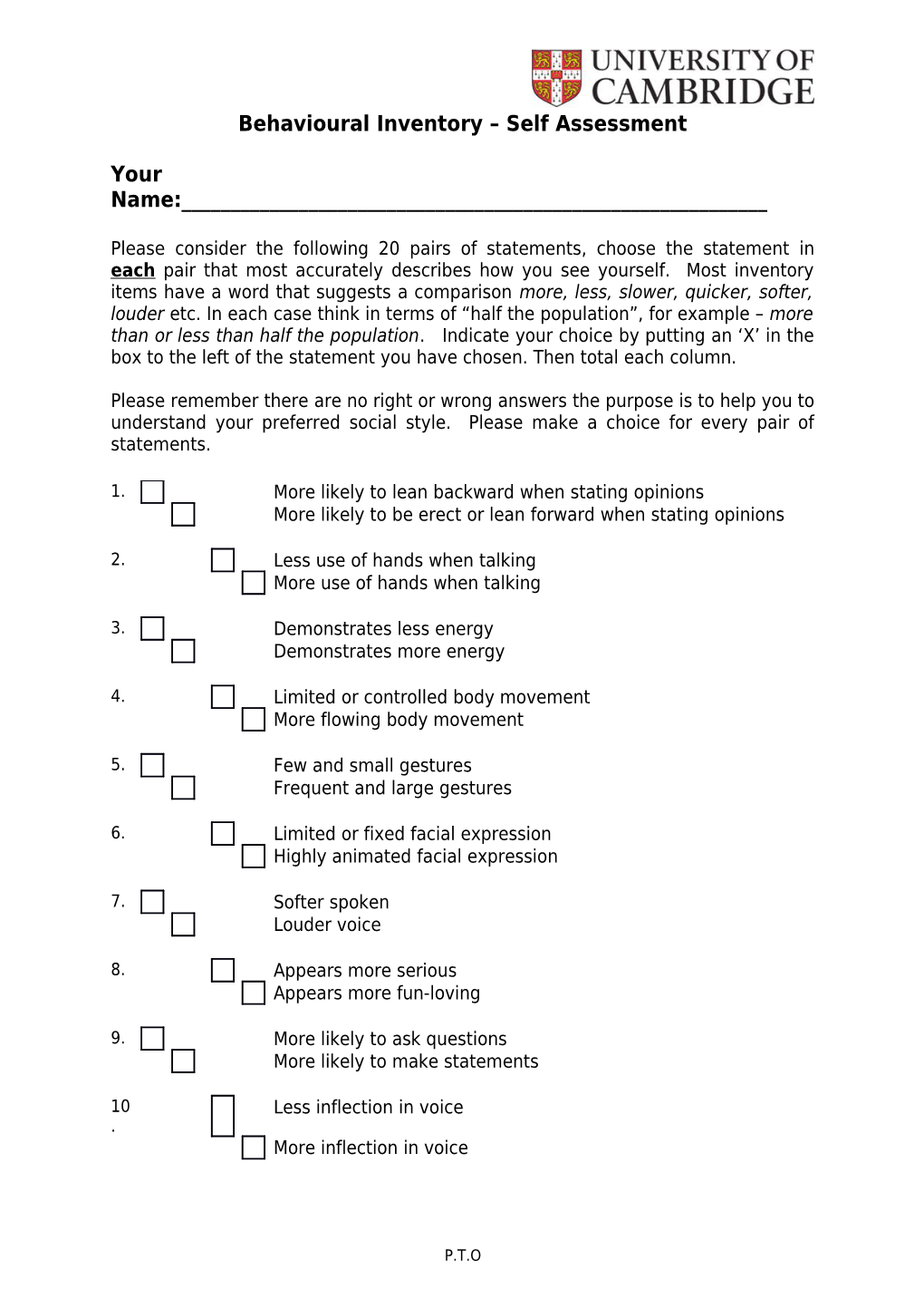 Behavioural Inventory Self Assessment