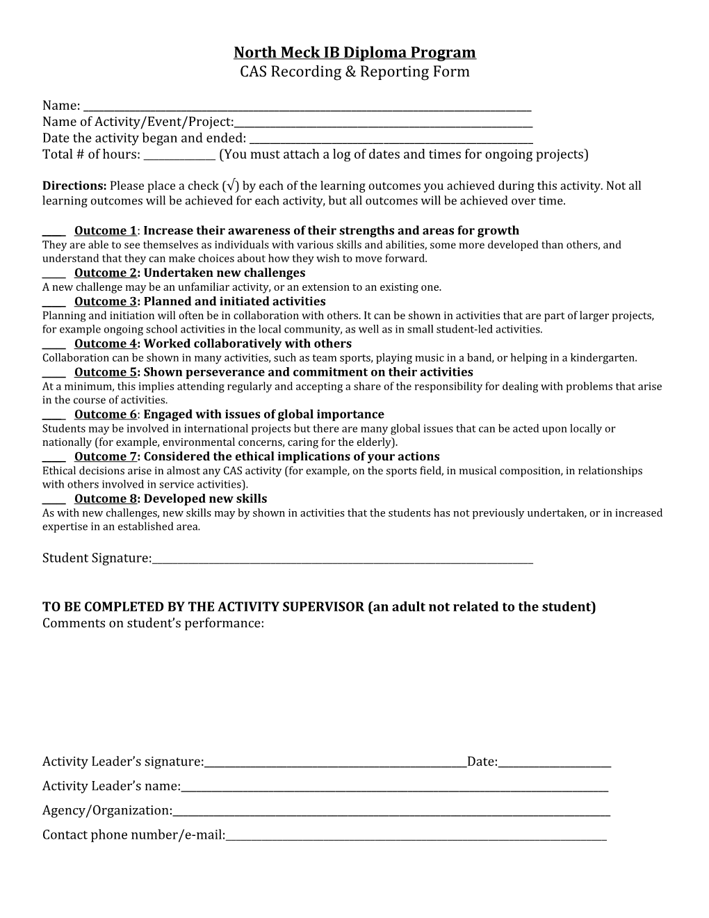 IB DP CAS Reflection Form
