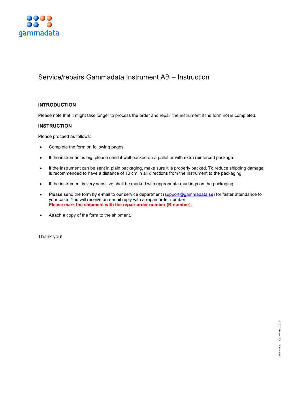 Service/Repairs Gammadata Instrument AB Instruction