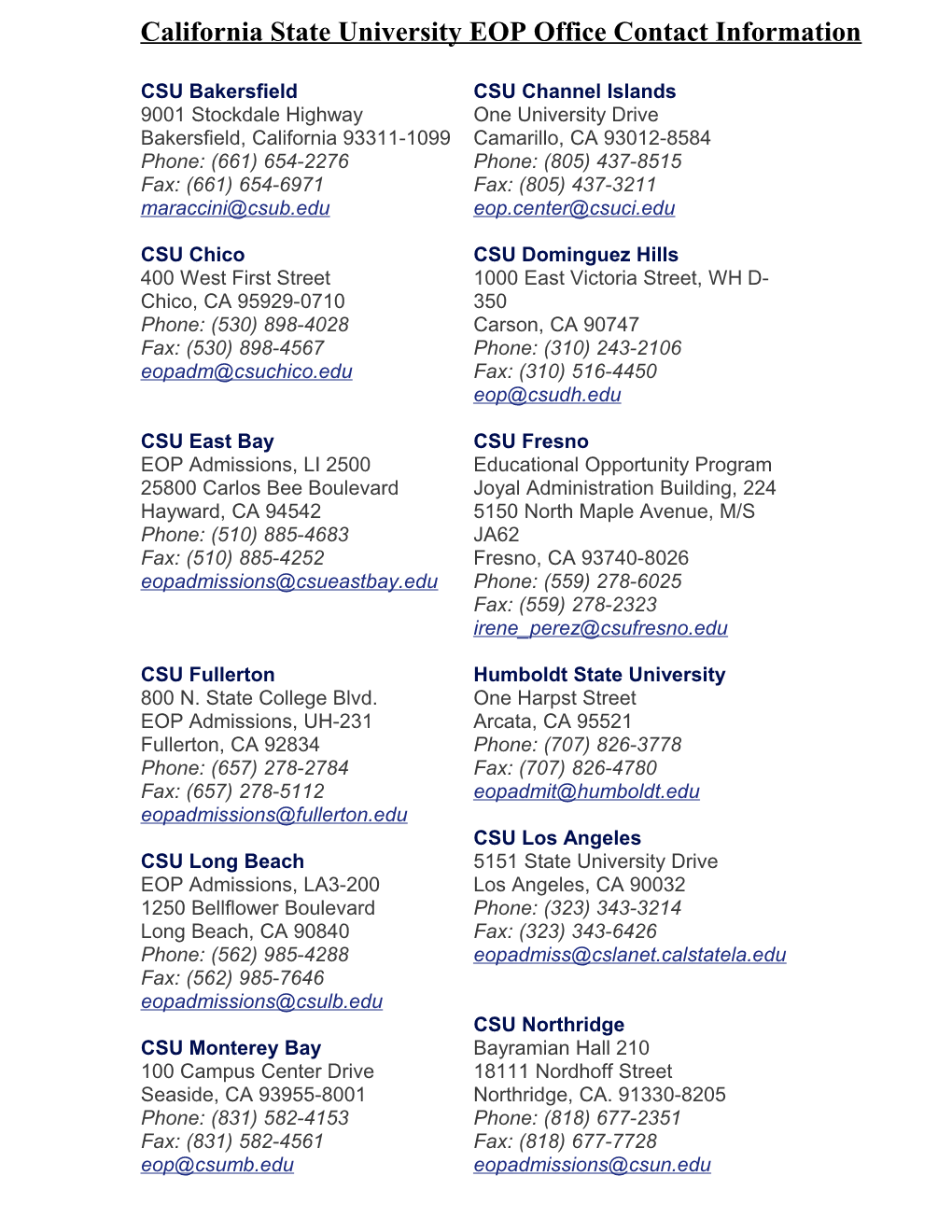 California State University EOP Office Contact Information