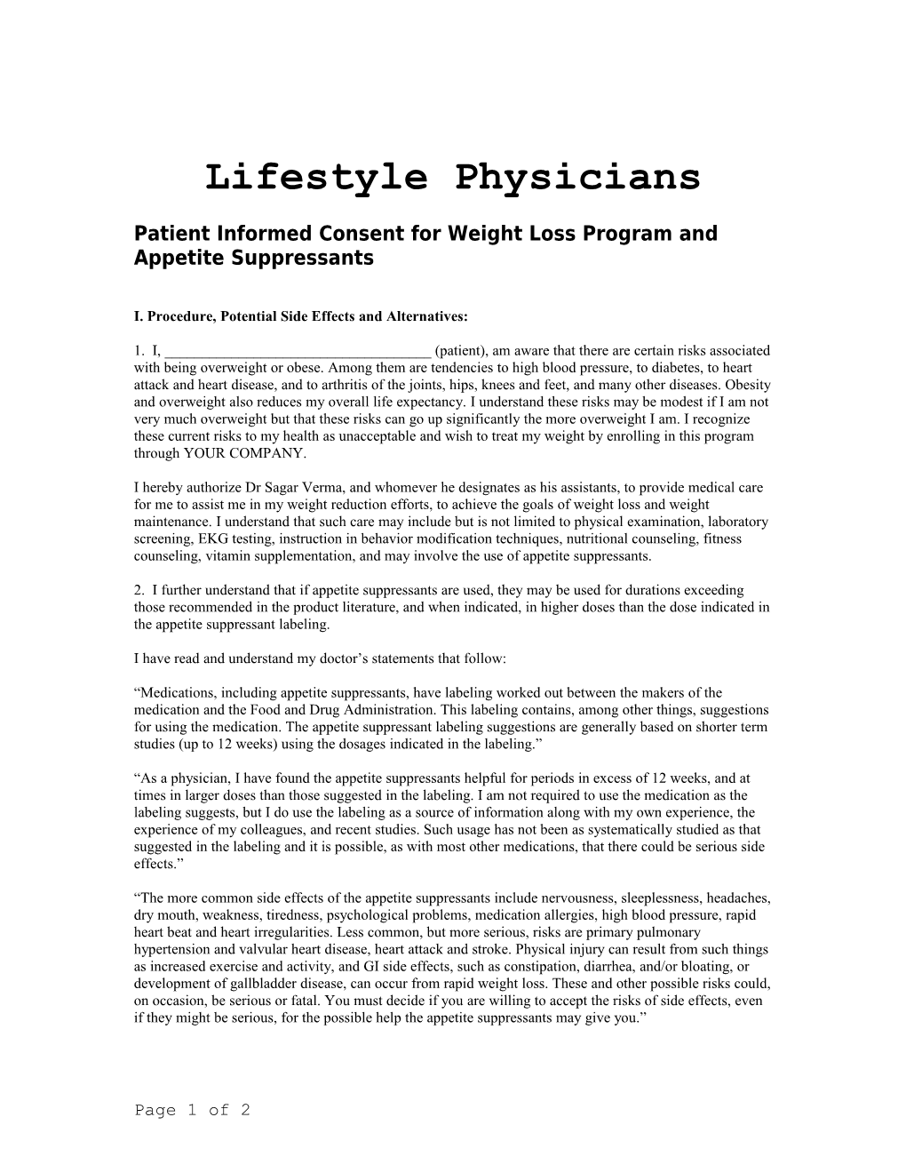 Patient Informed Consent for Weight Loss Program and Appetite Suppressants