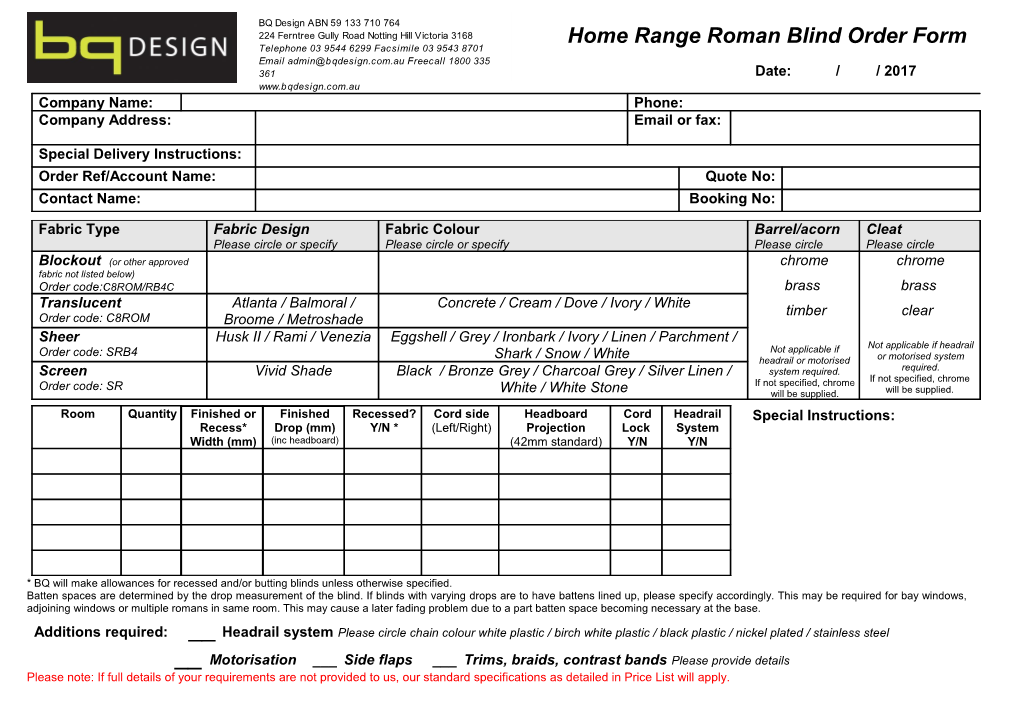 Bedspread Order Form/Worksheet