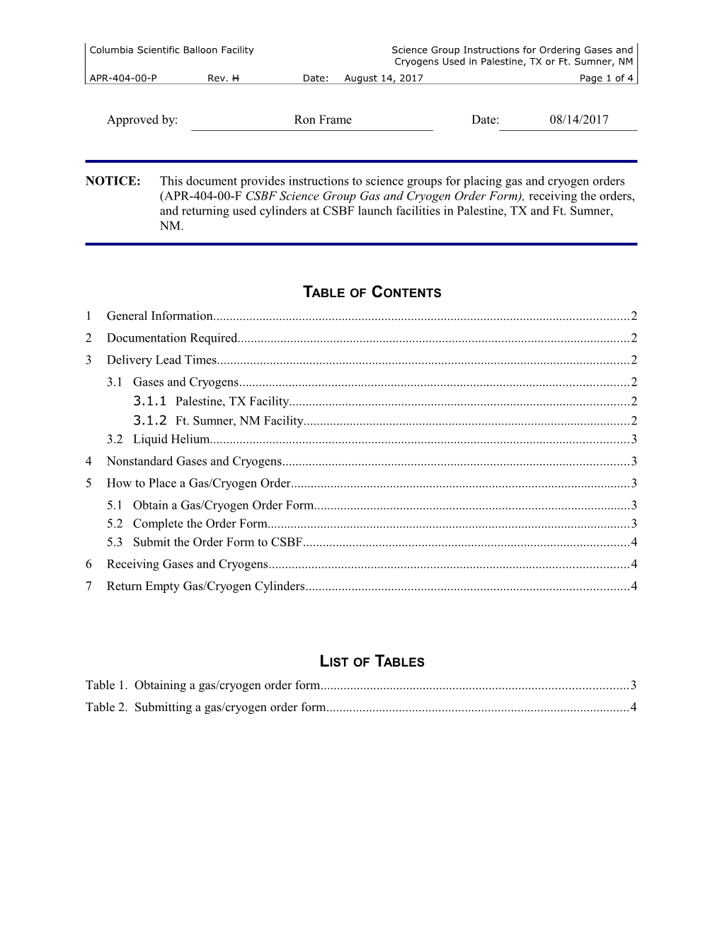 Cryogen / Gases Instructions