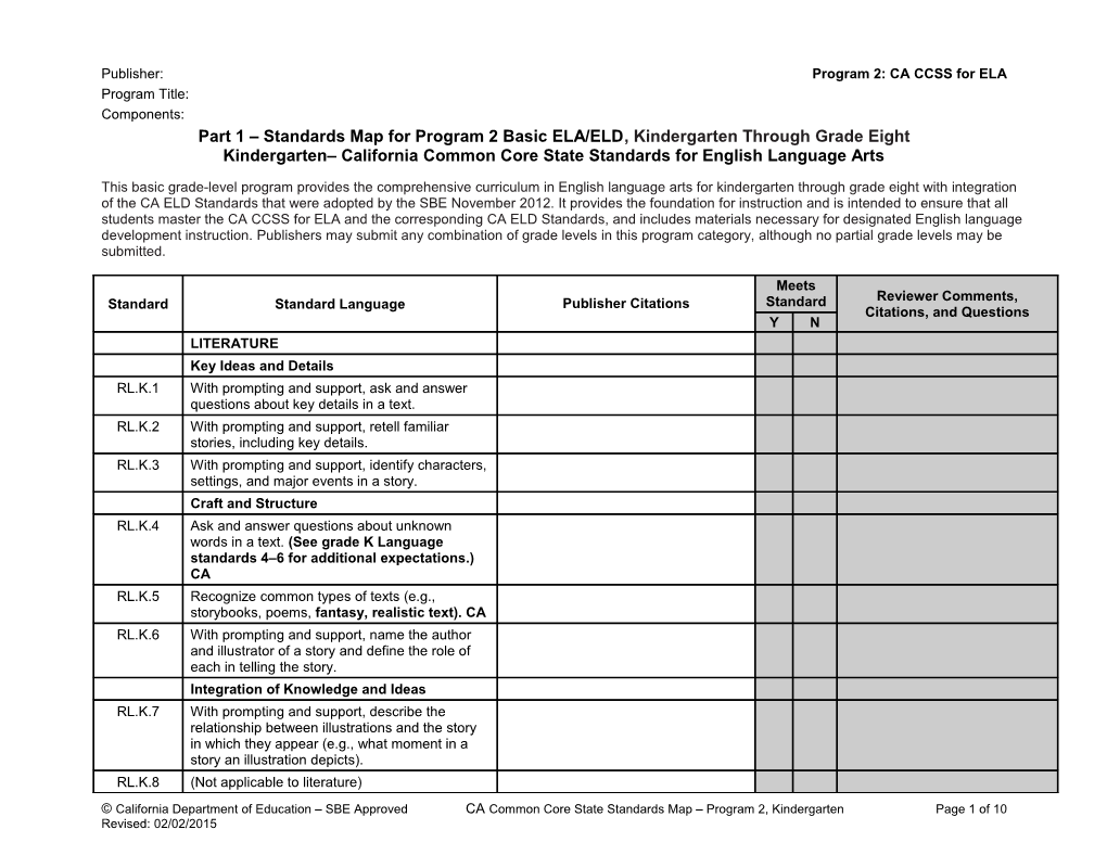 ELA Standards Map, Program 2 Kindergarten - Instructional Materials (CA Dept of Education)