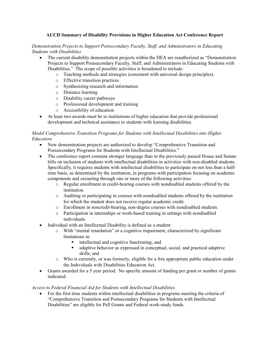 AUCD Summary of Disability Provisions in Higher Education Act Conference Report