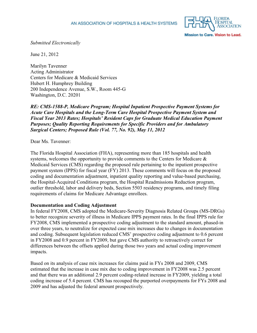 FHA Comments on Inpatient PPS Proposed Rule for FY2013