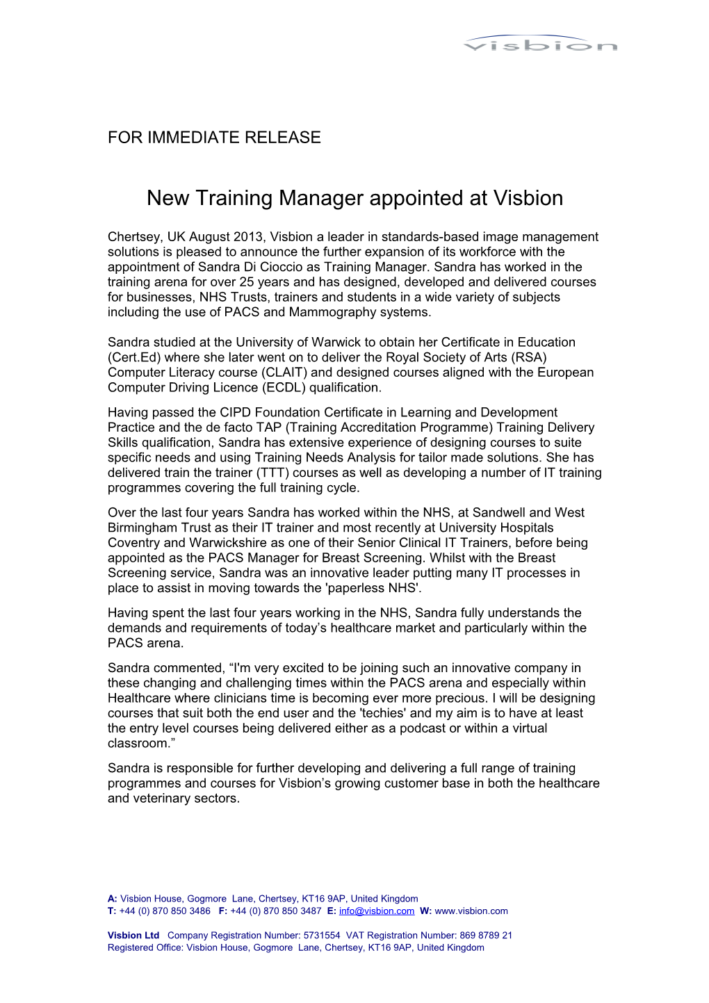New Training Manager Appointed at Visbion