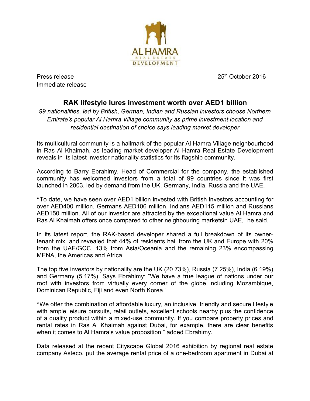 RAK Lifestyle Lures Investment Worth Over AED1 Billion