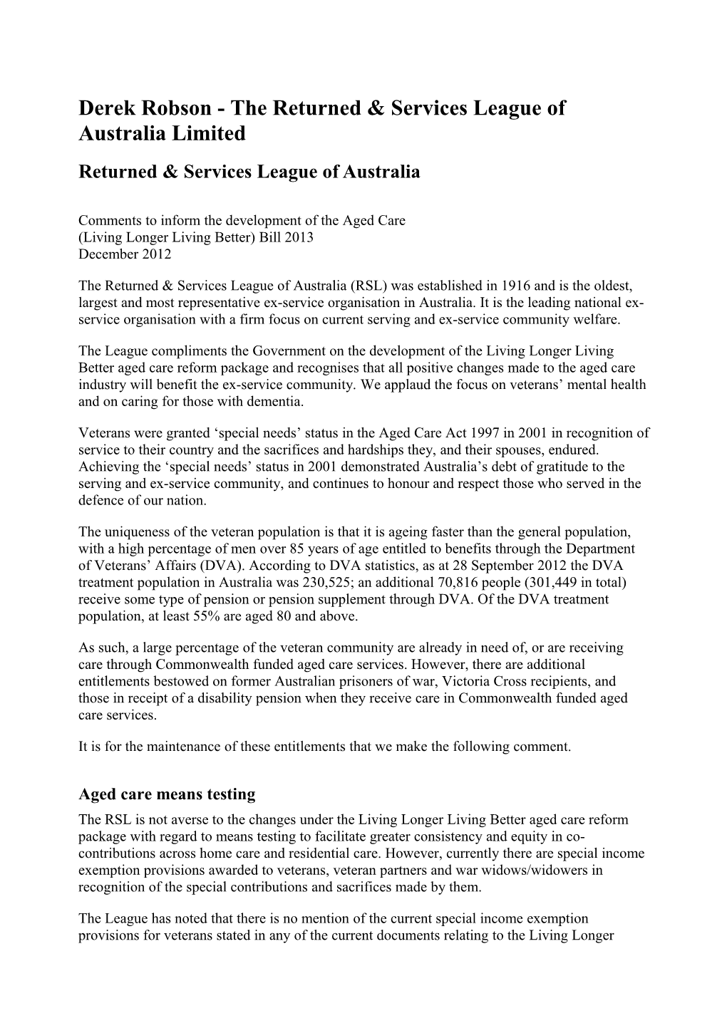 Derek Robson - the Returned & Services League of Australia Limited