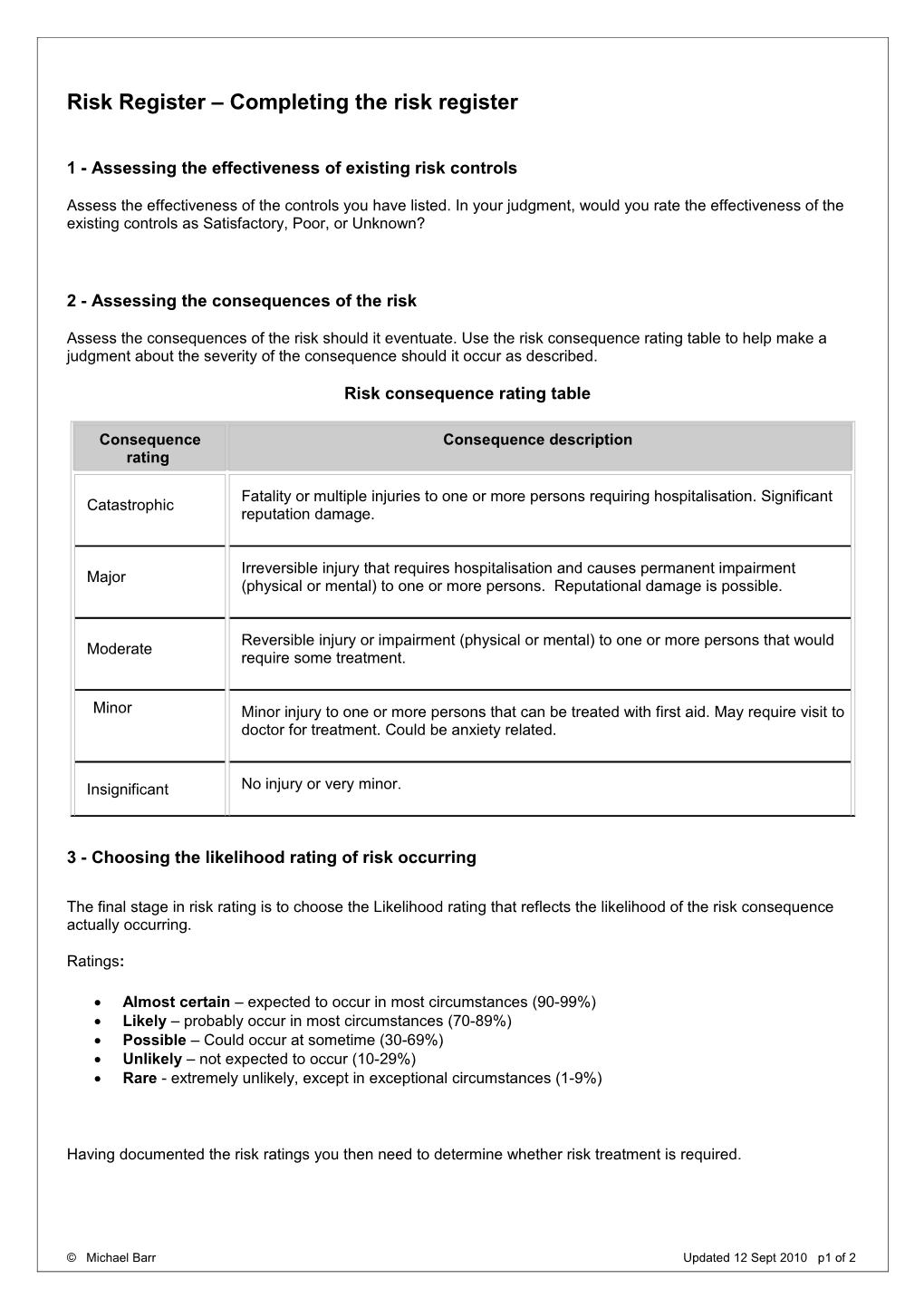 Risk Register Instructions for Completing the Risk Register