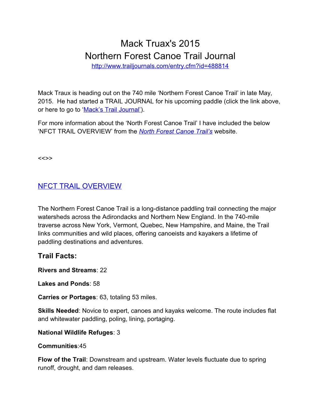 Mack Truax's 2015 Northern Forest Canoe Trail Journal