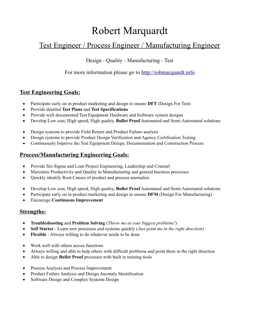 Test Engineer / Process Engineer / Manufacturing Engineer