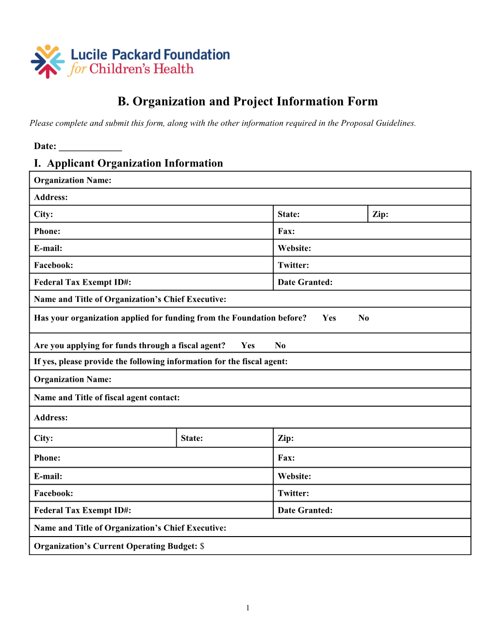 B. Organization and Project Information Form