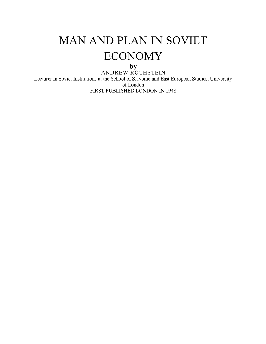 Man And Plan In Soviet Economy