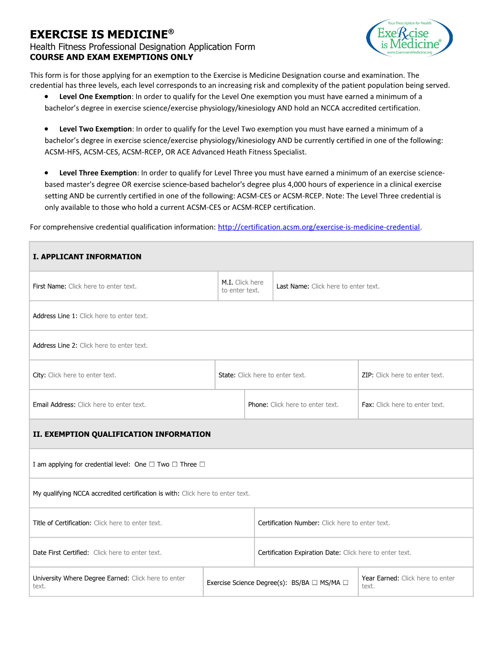 Health Fitness Professional Designation Application Formcourse and EXAM EXEMPTIONS ONLY