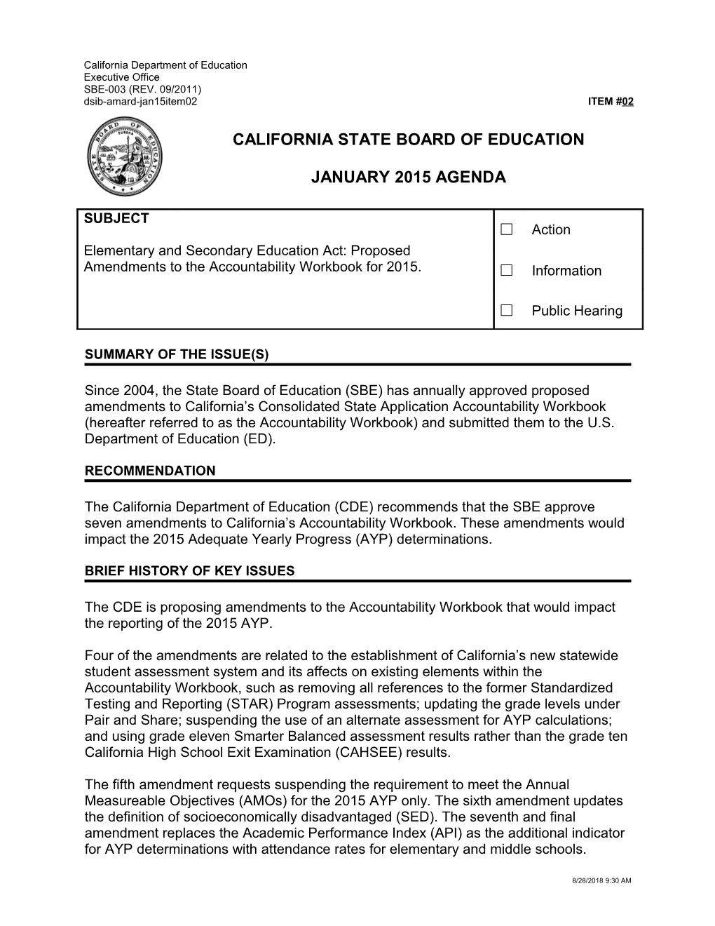 January 2015 Agenda Item 02 - Meeting Agendas (CA State Board of Education)
