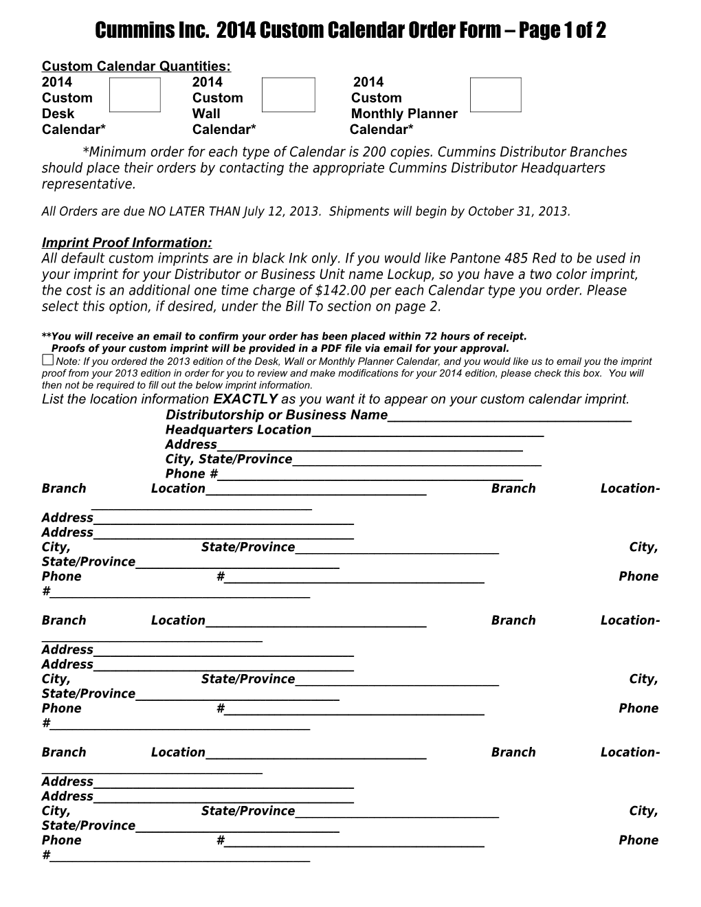 Cummins Inc. 2014 Custom Calendar Order Form Page 1 of 2