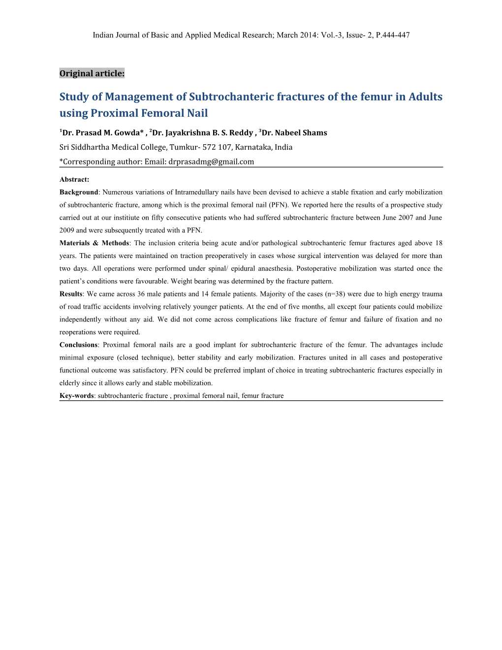 Study of Management of Subtrochanteric Fractures of the Femur in Adults Using Proximal