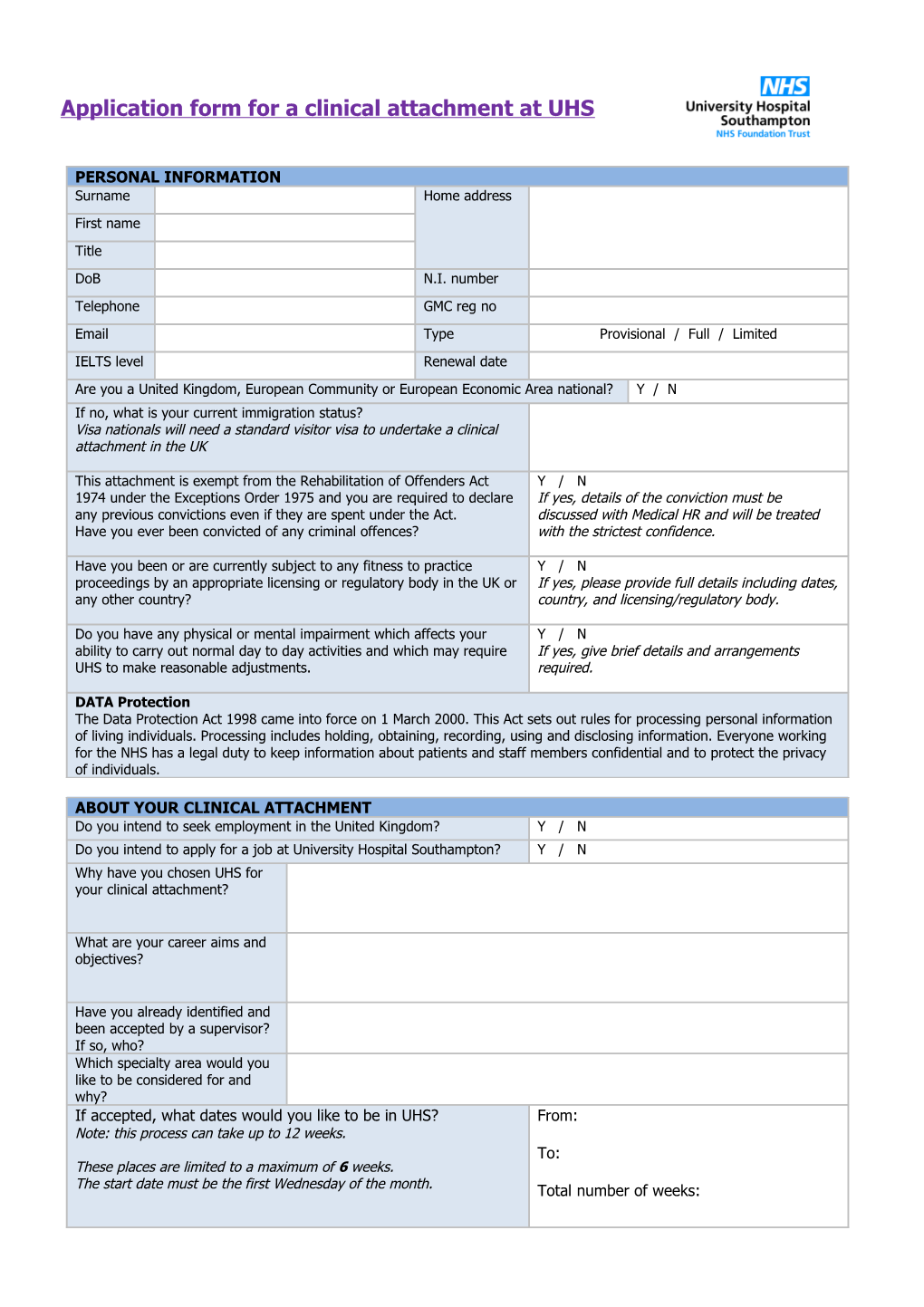 Application Form for Clinical Attachments