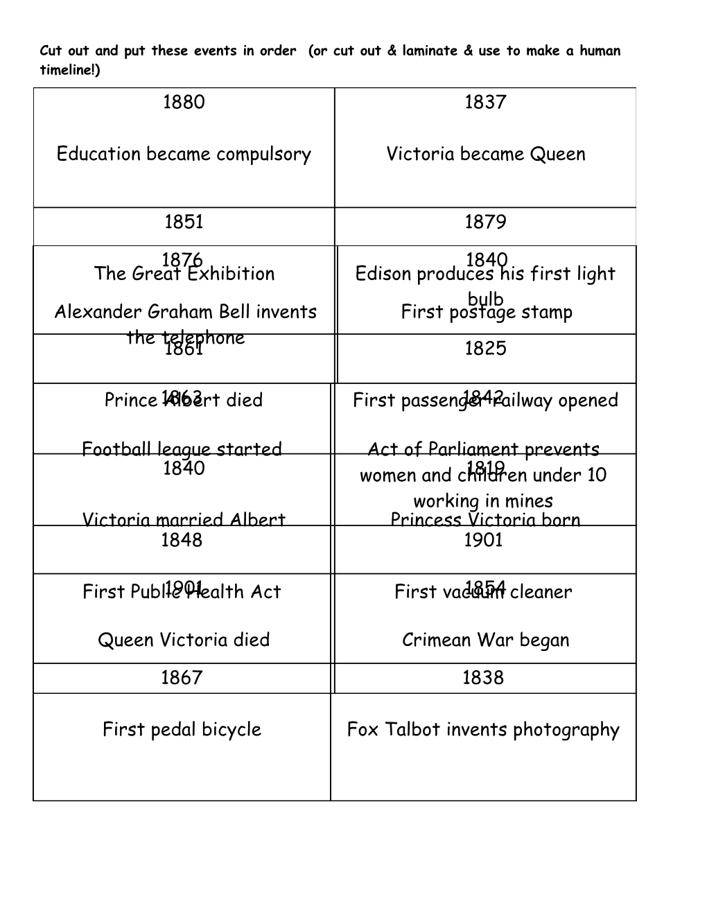 Cut out and Put These Events in Order (Or Cut out & Laminate & Use to Make a Human Timeline!)