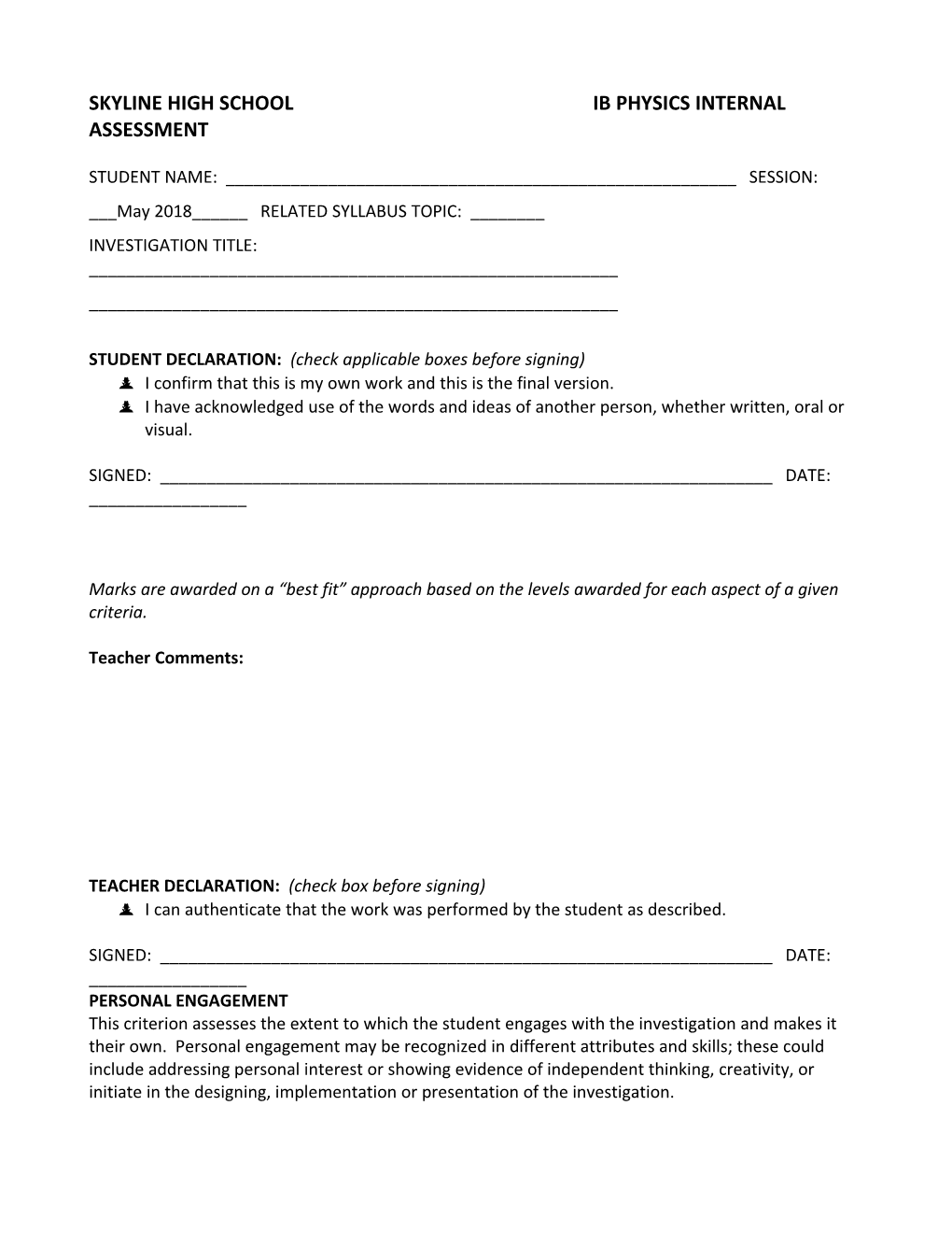 Skyline HIGH SCHOOLIB Physics Internal Assessment