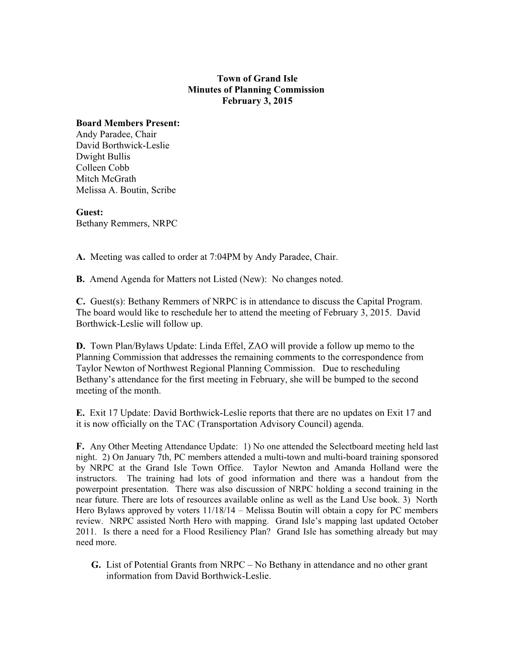 Minutes of Grand Isle Planning Commission November 18, 2014 s1