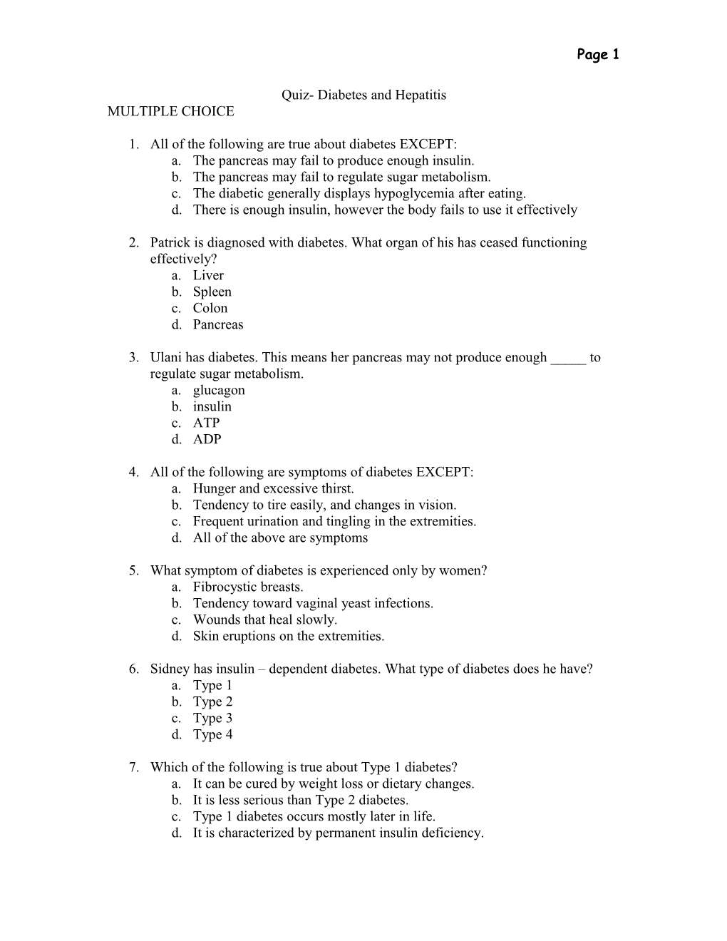 Quiz- Diabetes and Hepatitis