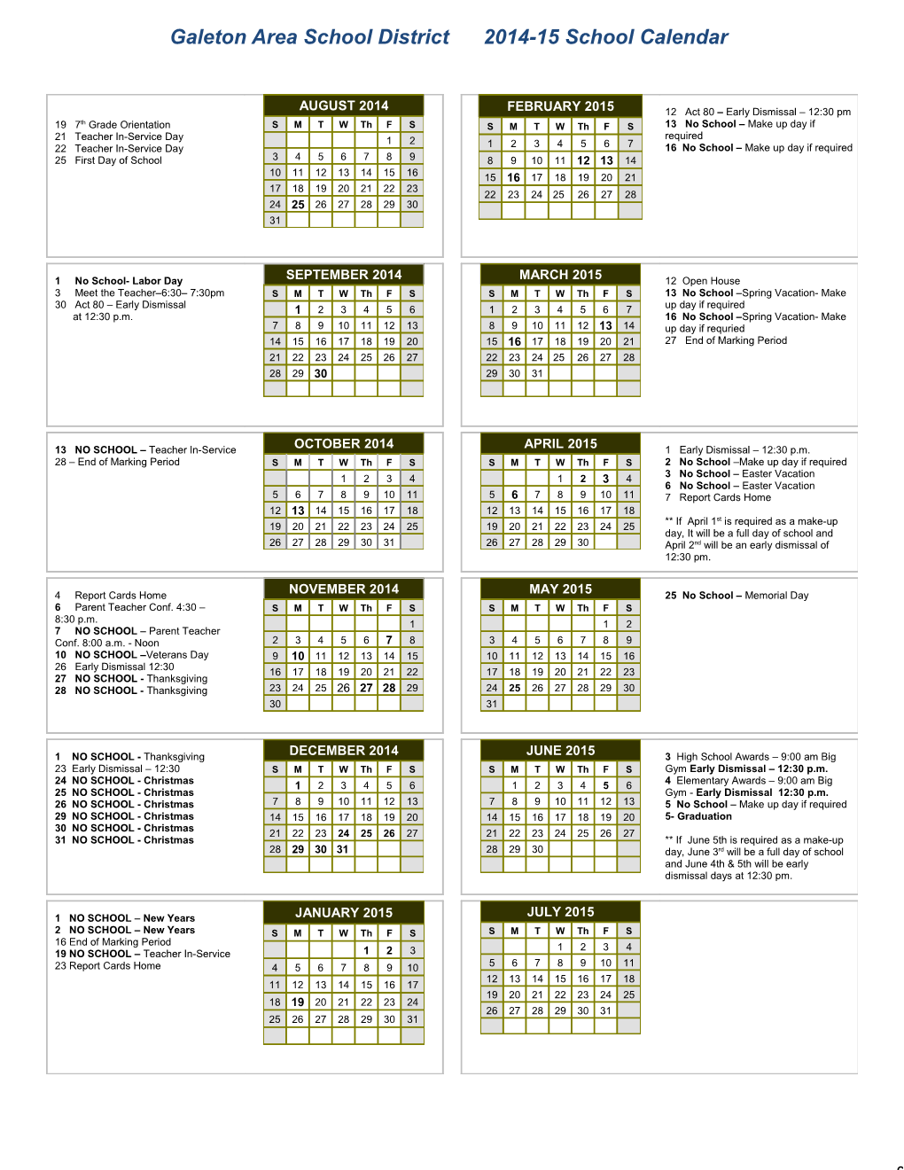 Galeton Area School District 2014-15 School Calendar