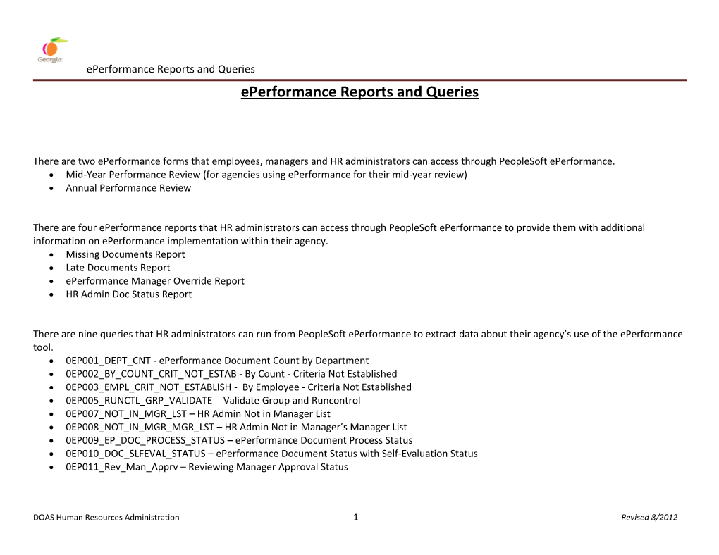 Eperformance Reports and Public Queries
