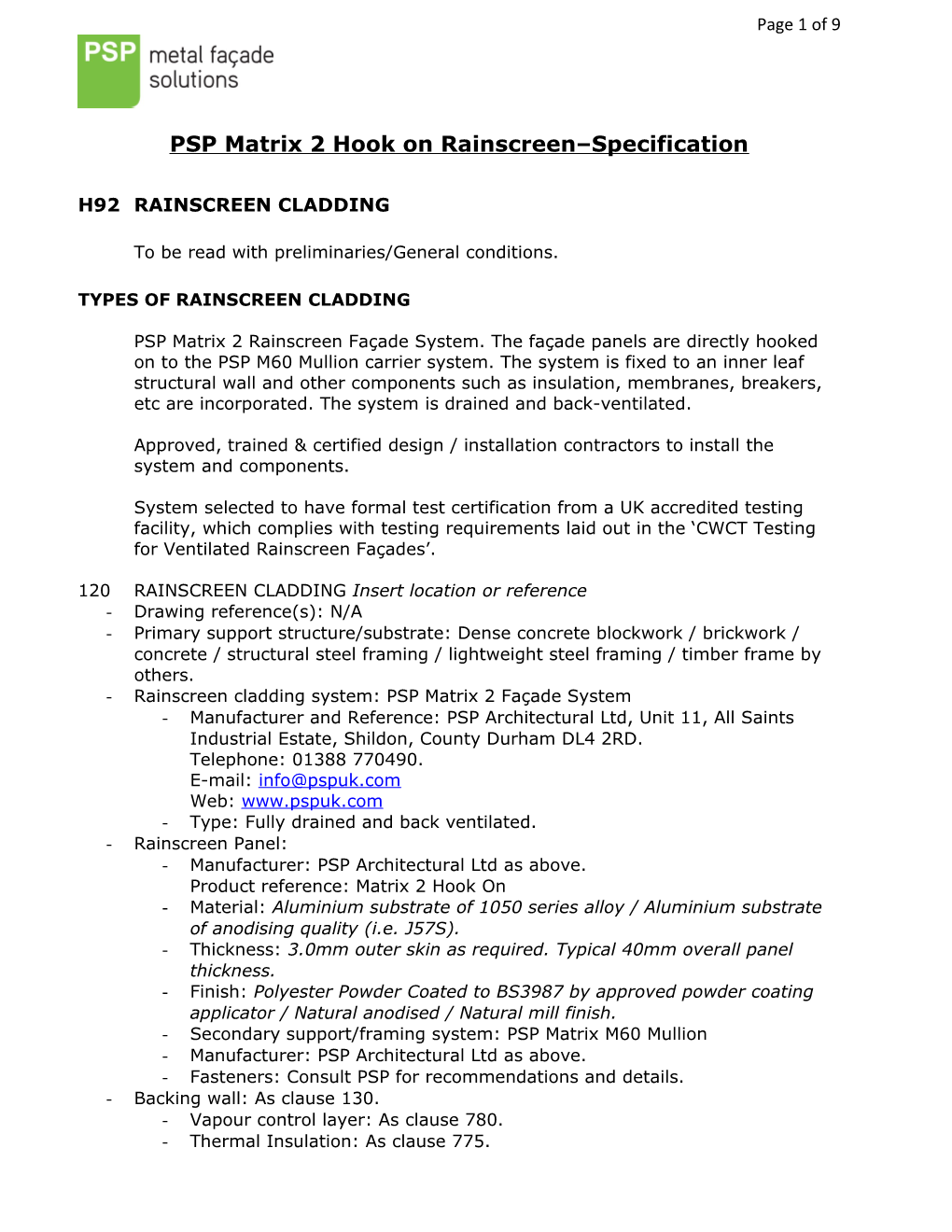 PSP Matrix 2 Hook Onrainscreen Specification