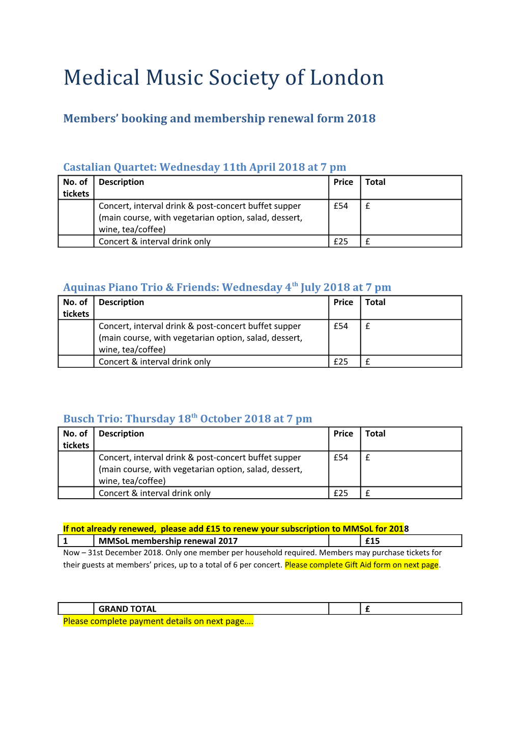 Members Booking and Membership Renewal Form 2018