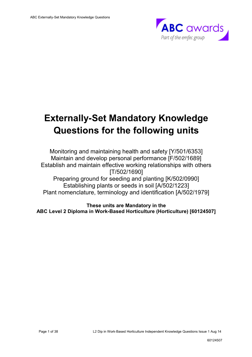 Externally-Set Mandatory Knowledge Questions for the Following Units