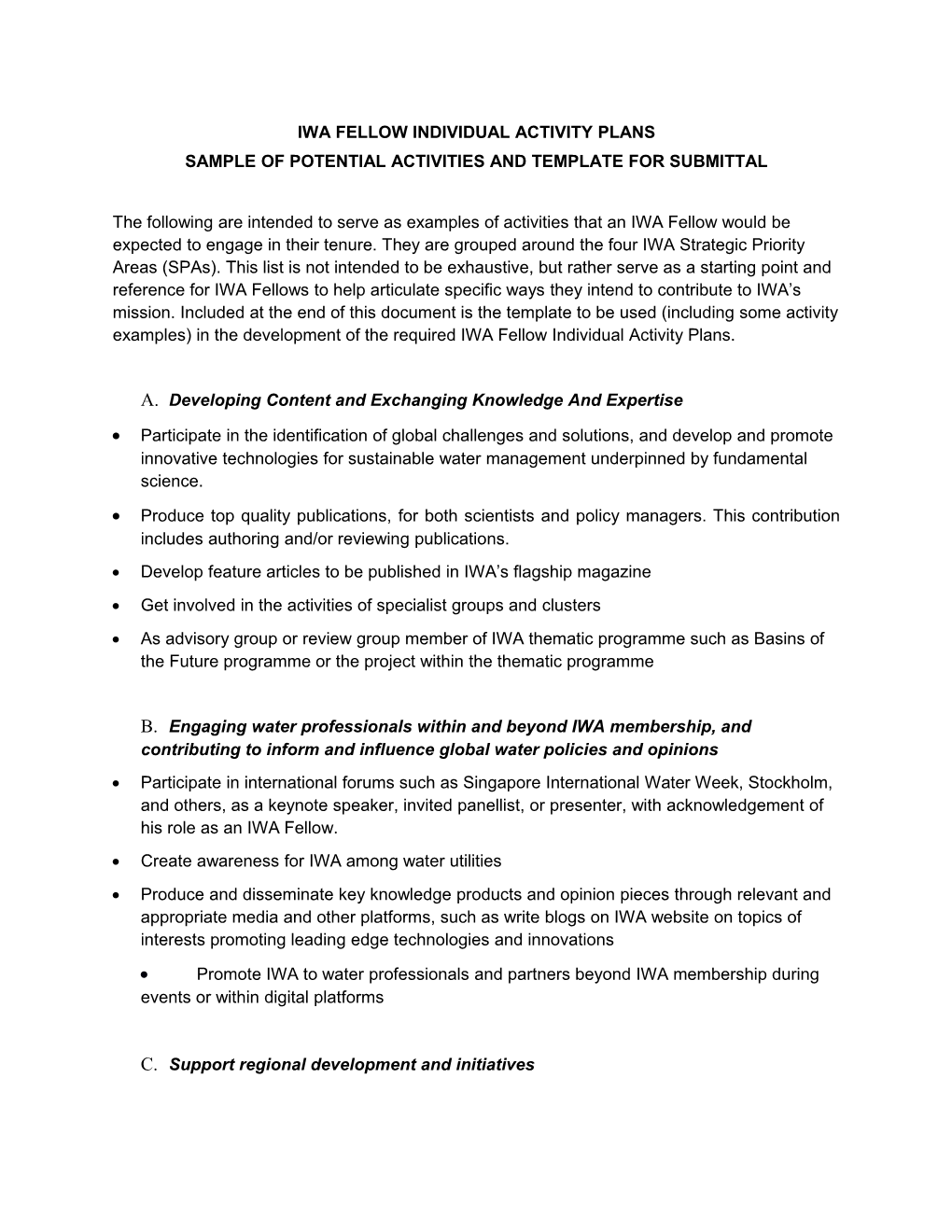 Sample of Potential Activities and Template for Submittal