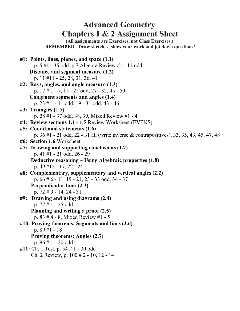 Advanced Geometry Chapters 1 & 2 Assignment Sheet